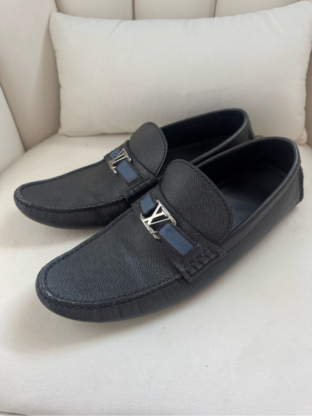 Louis Vuitton Black Leather Loafers with Navy Ribbon and Silver LV Buckle